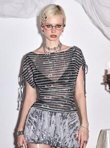 ROMWE Fairycore Camiseta de mujer de estilo gótico/hada con mangas transparentes a rayas y cordón con strass - Negro - Ver 5