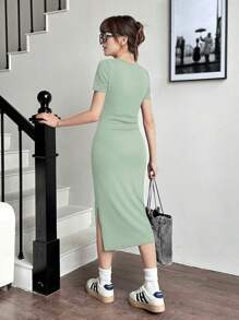 SHEIN Vestido casual de punto con cintura acanalada y fruncida con abertura para adolescentes