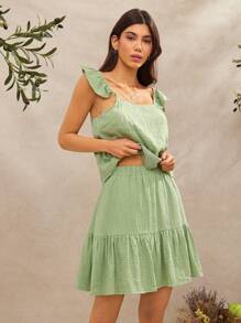 WESTFADE Sage Green 100% Cotton Gauze Two Pieces Summer Casual Vacation Holiday Outfit,Square Neck Ruffle Flutter Sleeve Top & High Waist Tiered Mini Skirt - Green - View 3