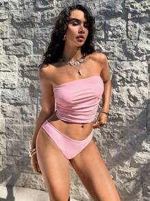 Swim Mod 3pcs Bandeau Ruffled Tankini Swimsuit Set For Summer Beach Vacation - Pink - View 3