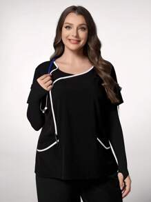 TaskEZ Blusa superior de uniforme sanitario talla grande, adecuada para el verano - Blanco y Negro - Ver 6