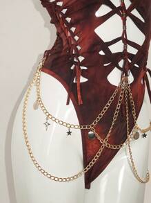 SHEIN ICON Coachella Beaded Summer Outfits For Women Boho Vacation  Country Concert Outfit  Tie-Dye Cross-Back Halter Neck Woven Chain Decor Bodysuit