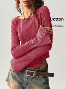 Bohemela BOHO Vacation Solid Color Knit Round Neck Flare Sleeve Fitted Regular Women T-Shirt