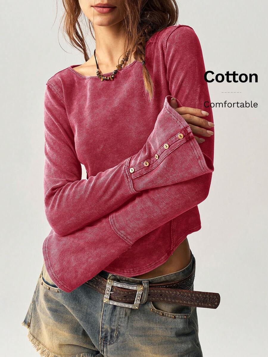 Bohemela BOHO Vacation Solid Color Knit Round Neck Flare Sleeve Fitted Regular Women T-Shirt