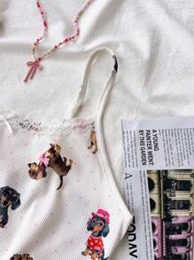 SHEIN Teen Girls Spring & Summer Valentine's Day Homewear, Clean Girl/American Vibe Floral Lace Bowknot-Dye Camisole And Shorts Pajama Set, Comfortable For Home, Outdoor, Casual Wear, Cute Dog Design - Apricot - View 5