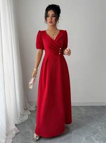 Elenzga Graduation Season V-Neck Gathered Waist A-Line Ruffle Trim Elegant Romantic Office Lady Dress - Red - View 3