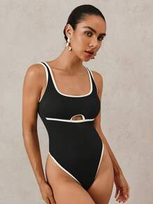 Swim Basics Women's One-Piece Contrast Color Trim Shoulder Strap Backless Minimalist Holiday Style Swimsuit, Summer - Black and White - View 4