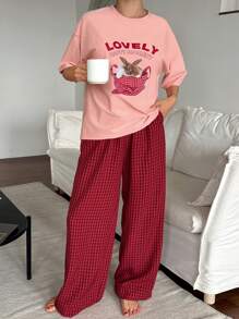 Livesso 女士舒适兔子印花短袖上衣和裤子睡衣套装，夏季