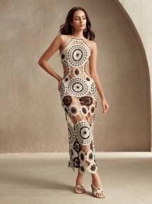 Anewsta 女士夏季钩编镂空超长沙滩裙细肩带露背比基尼罩衫，优雅的海滩、节日、休闲、假日、波西米亚风度假装 - 彩色 - 查看 1