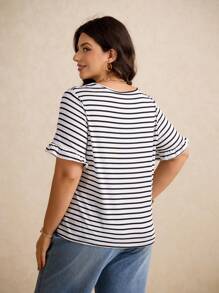 Elaquor Plus Size Boho Striped Print Tee, For Summer - Black and White - View 2
