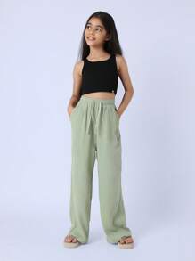 SUMWON Wide Leg Textured Cotton Gauze Pants Elastic Waist Palazzo Beach Summer Casual Wear Relaxed Fit Comfy Pants - Green - View 2