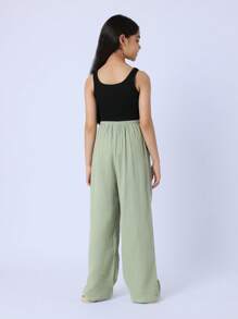 SUMWON Wide Leg Textured Cotton Gauze Pants Elastic Waist Palazzo Beach Summer Casual Wear Relaxed Fit Comfy Pants - Green - View 4