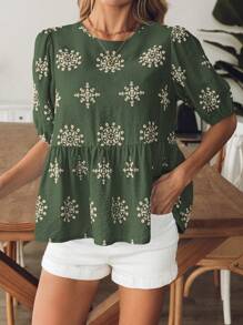 Omancia 法式度假风蝴蝶结镂空短袖上衣 春夏 - 綠色 - 查看 5