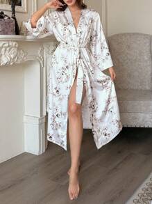 DAZY Floral Print Satin Long Robe For Women Pajama - White - View 7