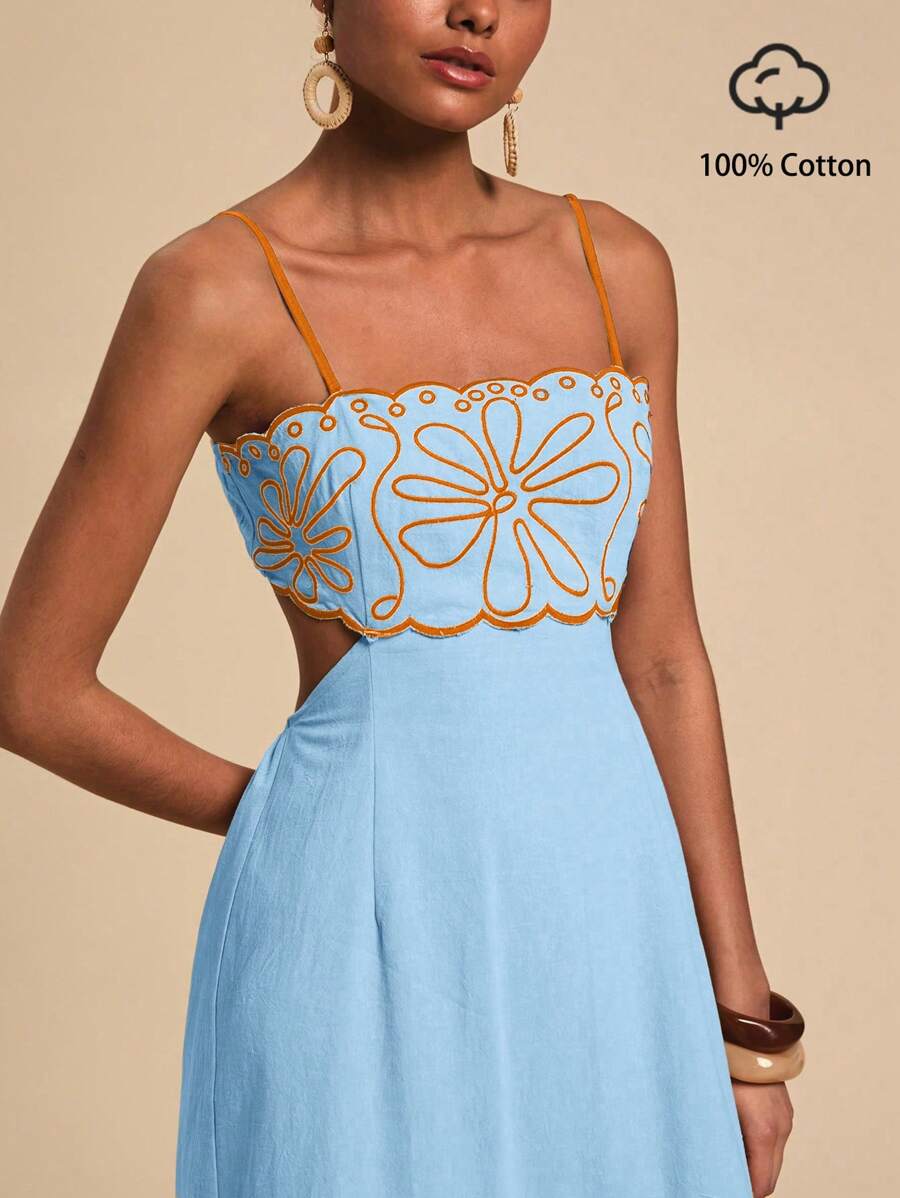 Travachic Vestido midi de corte evasé con espalda abierta y bordados, para vacaciones y uso casual - Celeste - Ver 1