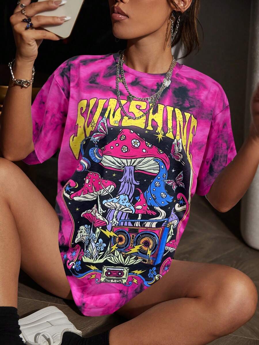SHEIN Unity 女式夏季休闲外星人与字母印花扎染圆领短袖 T 恤，图案 T 恤图案 T 恤女式上衣 - 彩色 - 查看 1