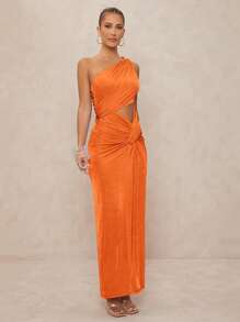 Lumalex 女式金属装饰荷叶边扭纹紧身超长连衣裙 - 亮橙色 - 查看 7