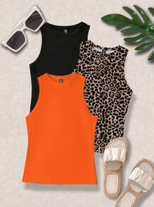 SHEIN LUNE Große Größen Rundhals ärmelloses lässiges Top, minimalistisches Tageskleider Cheetah Muster T-Shirt