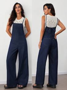SHEIN Tall Women's Casual Loose Sleeveless Blue Denim Bib Pants And Jumpsuit Straight-Leg Suspender Jumpsuit For Women Jumpsuits For Woman Elegant