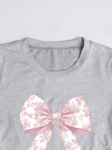 Sparklyn Bộ đồ thường ngày 2 món áo thun tay ngắn in nơ xếp nếp cho bé gái tuổi teen và quần dài - Xám - Xem 6