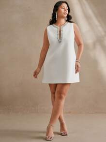 Anewsta Plus Size Women Elegant Deep V-Neck Sleeveless Beaded Embellished Mini Dress, Suitable For Vacation, Holiday, Festival, Party - White - View 6