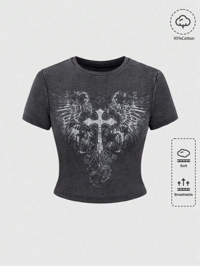 Grunge Punk Camiseta de manga corta con hombros caídos con gráfico vintage de cruz y copo de nieve desgastada estilo Y2K para mujer, estilo de festival de música