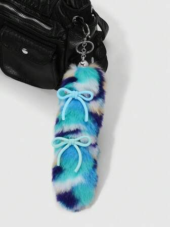 Grunge Punk 1 pièce Clip à cheveux mode, raffinée et de haute qualité avec queue d'animal imprimé léopard en fausse fourrure bleue avec un nœud, accessoire polyvalent de porte-clés/décoration de sac, convient aux femmes, idéal pour le port quotidien ou en cadeau