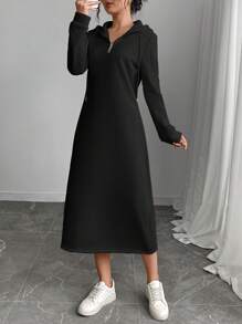 Đầm dài có mũ trùm đầu dây rút màu trơn đơn giản cho nữ - màu đen - Xem 5