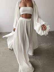 INAWLY Set de 2 piezas Chaqueta de manga farol y pantalones de unicolor con abertura frontal para mujeres