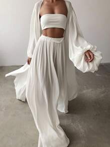 INAWLY 2pcs/Set Women Solid Color Lantern Sleeve Long Open Front Jacket And Pants Fall Cloth For Women - White - View 1