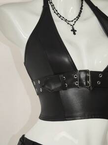 SHEIN ICON Y2K Babe 豹纹铆钉装饰露背吊带上衣搭配 PU 皮革迷你裙和金属腰带，女款 2 件套 - 黑色 - 查看 8