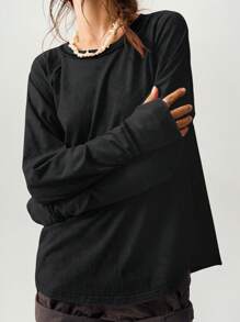 Bohemela Camiseta de manga larga de punto holgada de cuello redondo de color liso para mujer