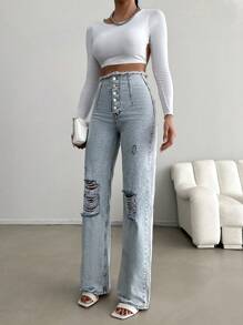 EURMUSE 100%Cotton High Waist Button Fly Ripped Frayed Straight Leg Jeans - Light Wash - View 4