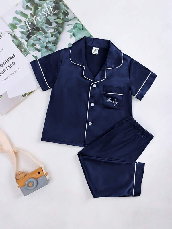 2pcs Baby/Toddler Boys Simple Solid Color Letter Print Short Sleeve T-Shirt And Pants Lightweight Casual Pajamas Set, Spring/Summer Mother Day Gift Graduation Gift Summer Clothes Satin Navy Pajamas Sets