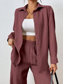 SHEIN PETITE 女式两件套纯色长袖衬衫和裤子 - 紅木色 - 查看 5