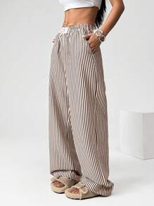 SHEIN EZwear Brown Striped Woven Casual Wide Leg Pants For Women