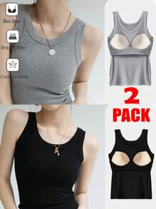 SHEIN Essnce Women's 2pcs Value Pack Ribbed Thickened Bra Camisole Sleeveless Top, Wear As Inner Or Outerwear Solid Color Posture Correcting Camisole