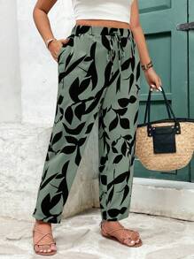 SHEIN Frenchy Plus Size Casual Vacation Plant Print Pants,Summer Pants - Green - View 2