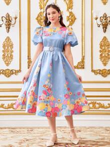 SHEIN DRMZ Teen Girl Teen Girls' Lovely Flower Printed Round Neck Puff Sleeve Dress - Blue - View 3
