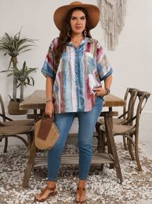 EMERY ROSE Plus Size Tie-Dye Print Batwing Sleeve Casual Vacation Loose Fit Tunic Blouse,Summer Holiday,Vacation Outfits Women,Simple And Fashionable For Everyday Wear,Gifts For Mother,Vacay Vibes,Springbreak,Casual Wear SS,Bohemia - Multicolor - View 5