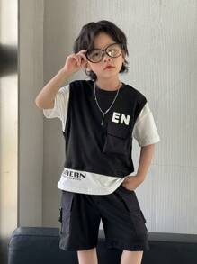 SHEIN 2pcs Young Boy Summer Street Style Letter Print Colorblock Short Sleeve Top And Casual Shorts Set - Black - View 3