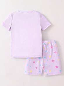 SHEIN 年轻女孩可爱独角兽印花海军蓝短袖短裤舒适两件套睡衣套装，夏季旅行 - 淡紫色 - 查看 2