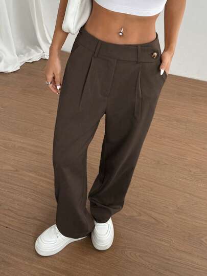 Flirla 1pc Women Khaki Asymmetrical Waist Casual, Daily, Commute, Shopping Pants Fall Cloth For Women