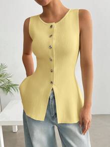 SHEIN EZwear Áo len dệt kim đơn sắc không tay cổ tròn đơn hàng nút đơn giản dành cho nữ - Màu vàng - Xem 4