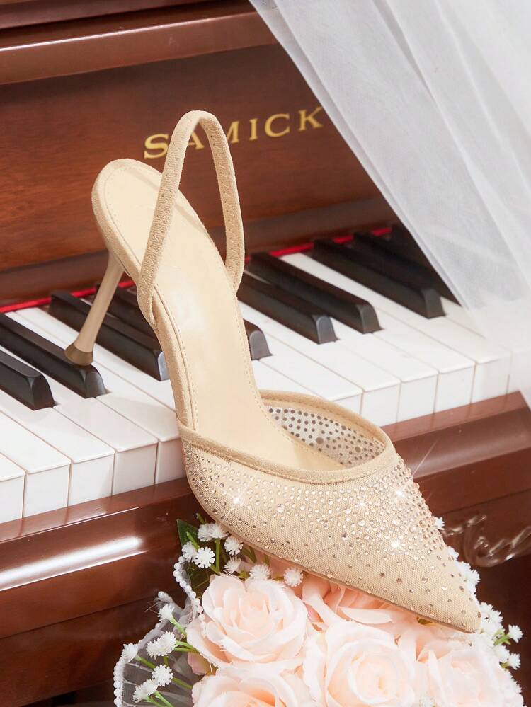 CUCCOO HITCHD New Sparkling Crystal Point Toe Thin High Heel Elegant Glamorous Romantic Champagne Mesh Women Pumps, Suitable For Bride, Bridesmaid, Date, Wedding, Party, Fashion For Christmas Elegant Shoes Wedding Shoes Summer Shoes Bride Shoes