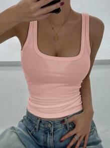 DAZY Women's Solid Color Round Neck Ribbed Fitted Casual Tank Top Preppy Tops - Pink - View 2