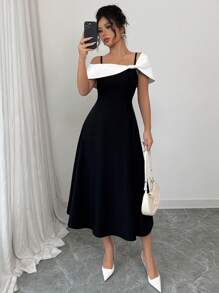 SHEIN PETITE 女士优雅撞色拼接细肩带中长连衣裙，夏季 - 黑色 - 查看 4