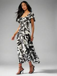 MISSGUIDED Leaf Print Linen Ruffle And Seam Detail Midi Dress - Black and White - View 5