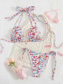 SHEIN Swim Conjunto de bikini para mujer con tirantes anudados y estampado floral aleatorio, ideal para primavera/verano y playa