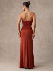 Silquee Robes longues de haute qualité pour femmes, robes de remise des diplômes pour femmes, robes orange rouges, design découpé, robes longues à décorations métalliques multiples, robes de soirée sexy, été, vêtements d'été pour femmes, tenue d'été - Acajou - Voir 3